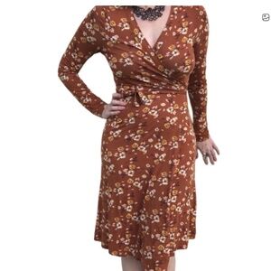 Garnet Hill Viscose Floral Wrap Dress with Long Sleeves Brown, Size Small